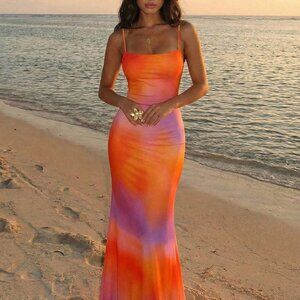 Orange Elegant Women's Tie Dye Sexy Beach Dress